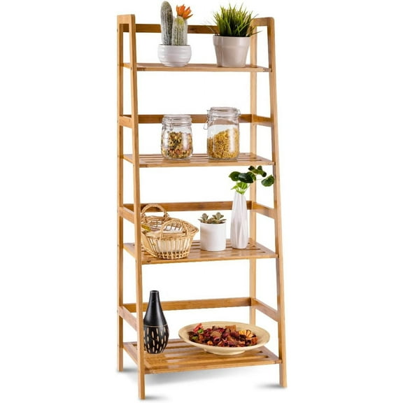 enshijinzi 47.5'' Bamboo Ladder Shelf, Multifunctional Plant Flower Display Stand, Storage Rack, Bookcase Bookshelf Natural (4 Tier)