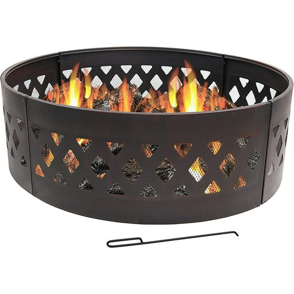 enshijinzi Crossweave 36-Inch Round Heavy-Duty Steel Fire Ring with Fire Poker
