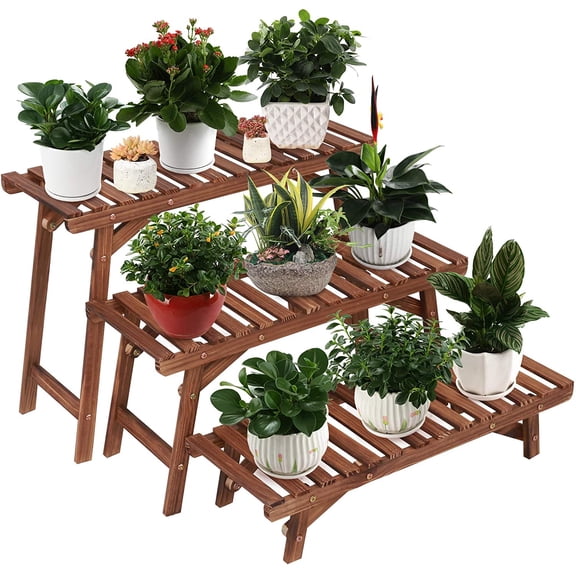enshijinzi Freestanding 3 Tier Ladder Shelf Wood Plant Stand Indoor Outdoor Plant Display Rack Flower Pot Holder Planter Organizer