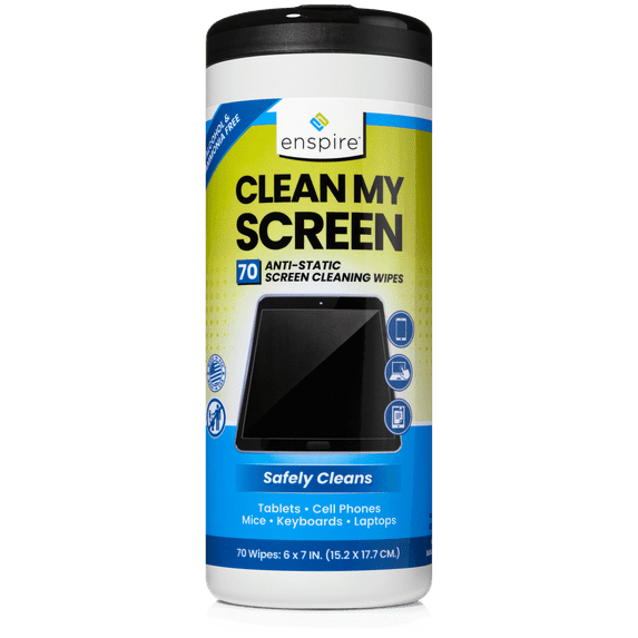 enspire® CLEAN MY SCREEN; Anti-Static Screen and Electronics Cleaning Wipes; 70 Count Tub; 905105