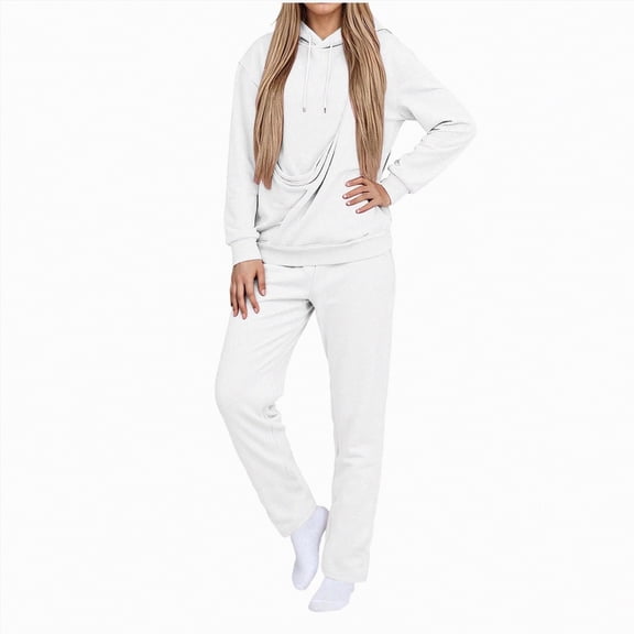 enyan 2 Piece Lounge Sweat Sets Fall Fashion Matching Sweatsuits Wide Leg Pants Travel Outfit Winter Clothes Sweatpants Set for Women White,XL