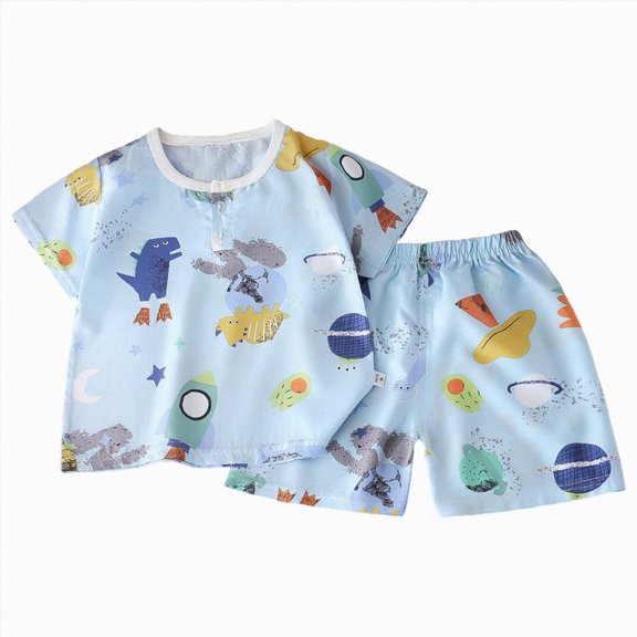 enyan 2Pcs Baby Boy Cartoon Print Summer Outfits 3 6 12 18 24 Months 3 Years Short Sleeve T-Shirt + Elastic Shorts Gift For 18-24 Months Children's Day Gift 2PCS Set (Sky Blue,18-24 Months)