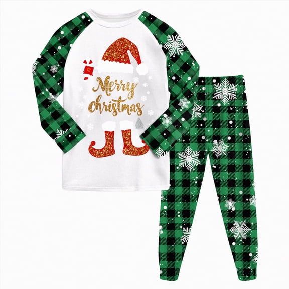 enyan Ba'by Gi'rl Christmas Pajamas Christmas Pajamas for Family Long Sleeve Cartoon Plaid Pants Set Winter Sleepwear Light Green,6-7 Years