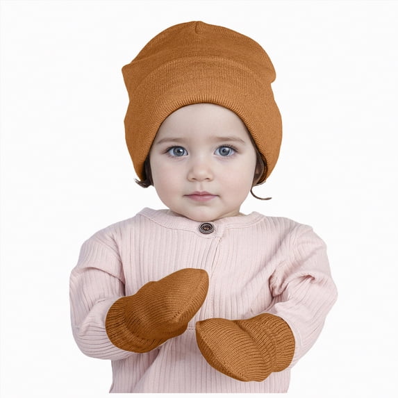 enyan Baby Beanie Hat Gloves Set Winter Warm Knit Hat with Glvoes,Toddler Soft Beanie for Little Boys Little Girls Children,Coffee,3-24 Months