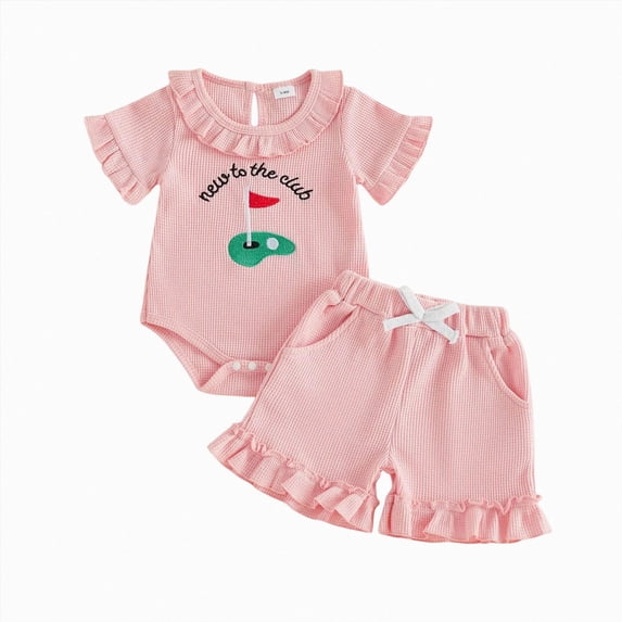 enyan Baby Boy Girl Outfit New To The Club Golf Embroidery Short Sleeve Sweatshirt Bubble Romper Newborn Onesie Pink,6-9 Months