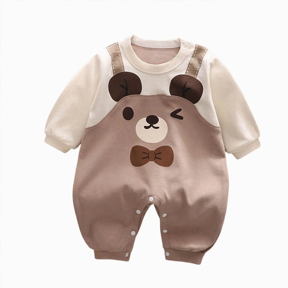 enyan Baby Boys Girls Fake 2-Piece Overalls Romper Cute Cartoon Print Long Sleeve Onesie Infant Outfit for Fall Winter(Coffee,9-12 Months)