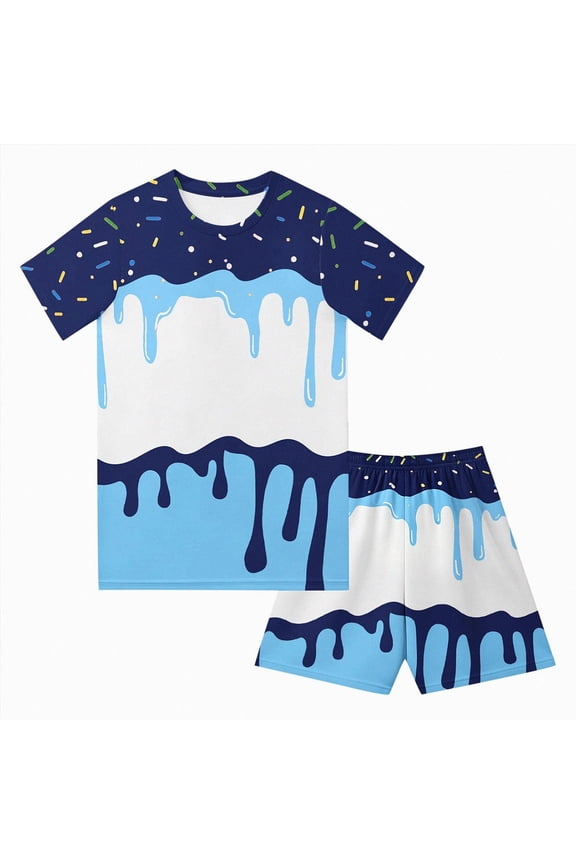 Baby Boys Outfit 2 Piece Ice Cream Drip Baseball Crewneck Short Sleeve Tee Shirts and Summer Drawstring Shorts Blue,6-7 Years