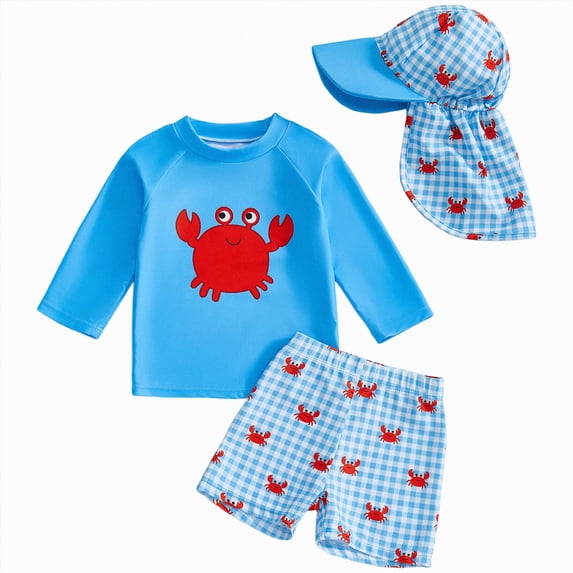 enyan Baby Boys Swimsuit Long Sleeve Rash Guard Swimwear Baby Boy Swim Trunk with Hat Set 3-Piece Toddler Bathing Suit,Sky Blue,3-4 Years