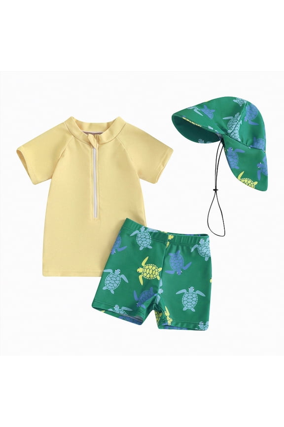 Baby Boys Swimsuit Long Sleeve Rash Guard Swimwear Baby Boy Swim Trunk with Hat Set 3-Piece Toddler Bathing Suit,Yellow,6-12 Months