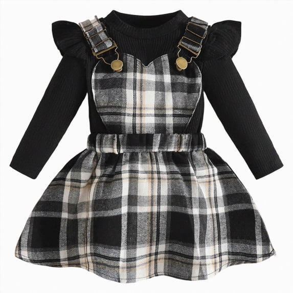enyan Baby Girl Clothes Fall Winter Outfit Long Sleeve Ruffle Plaid Romper Shirt Top with Skirt Dress 2 Pcs Set Black,6-9 Months