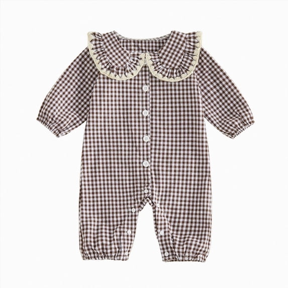 enyan Baby Girl Clothes Long Sleeve Romper Peter Pan Collar Jumpsuit Infant Newborn Outfits Gingham Outfit(Coffee,9-12 Months)