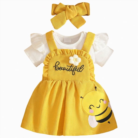 enyan Baby Girl Clothes Summer Outfits Cute Print Infant Romper Suspender Skirt with Headband 3pc Set 0-18 Months(Yellow,0-3 Months)