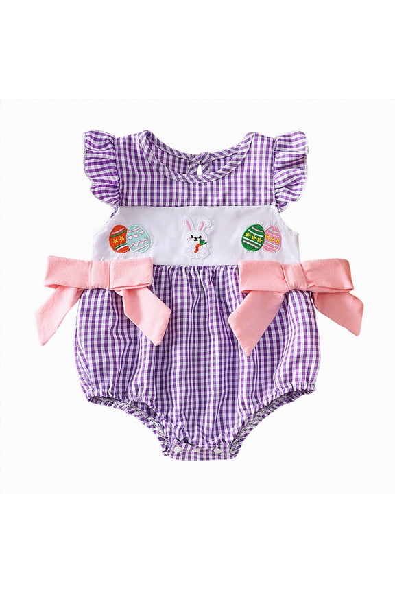 Baby Girl Easter Outfit Bunny Embroidery Crewneck Flying Sleeve Smocked Bubble Romper Plaid Bodysuit Infant Summer Clothes Purple,0-3 Months