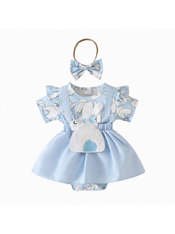 Baby Girl Easter Outfit Newborn My First Easter Bunny Bubble Romper Dress with Headband Onesie Short Sleeve Bodysuit Spring Summer Clothes,Dark Blue,12-18 Months