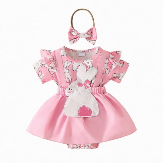 enyan Baby Girl Easter Outfit Newborn My First Easter Bunny Bubble Romper Dress with Headband Onesie Short Sleeve Bodysuit Spring Summer Clothes,Pink,3-6 Months