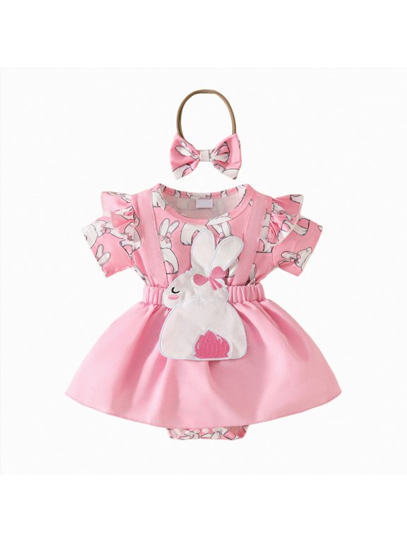 Baby Girl Easter Outfit Newborn My First Easter Bunny Bubble Romper Dress with Headband Onesie Short Sleeve Bodysuit Spring Summer Clothes,Pink,3-6 Months