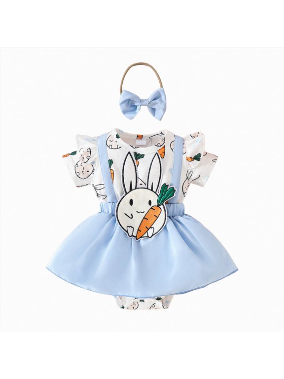 Baby Girl Easter Outfit Newborn My First Easter Bunny Bubble Romper Dress with Headband Onesie Short Sleeve Bodysuit Spring Summer Clothes,Sky Blue,0-3 Months