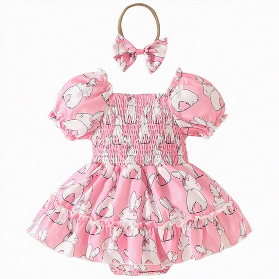 enyan Baby Girl Easter Outfit Newborn Short Sleeve Bunny Romper Dress with Headband Infant Spring Summer Clothes,Pink,0-3 Months