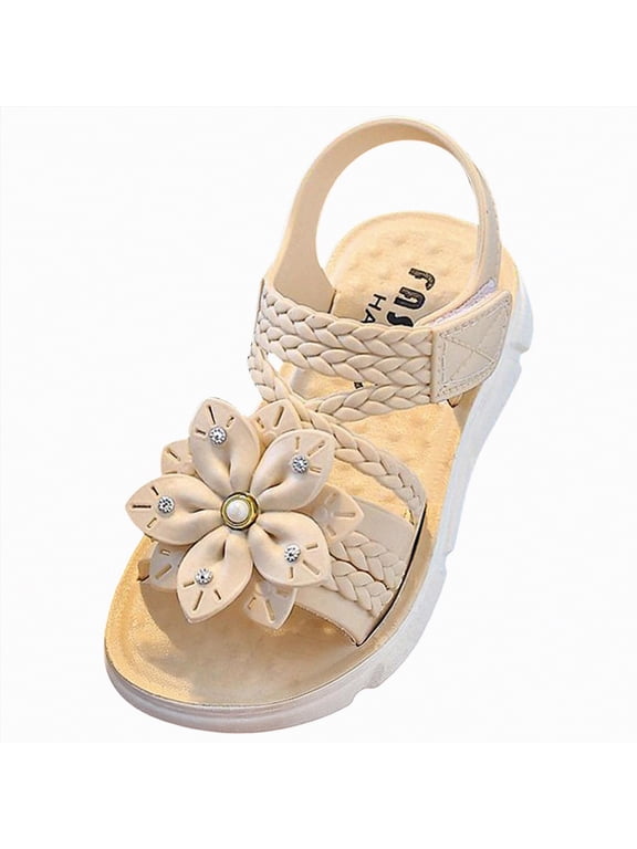 Baby Girl Sandals Girls Summer Sandals Flat Open-Toe Lightweight Sandals for Toddler Little Kids,Beige,Size 9