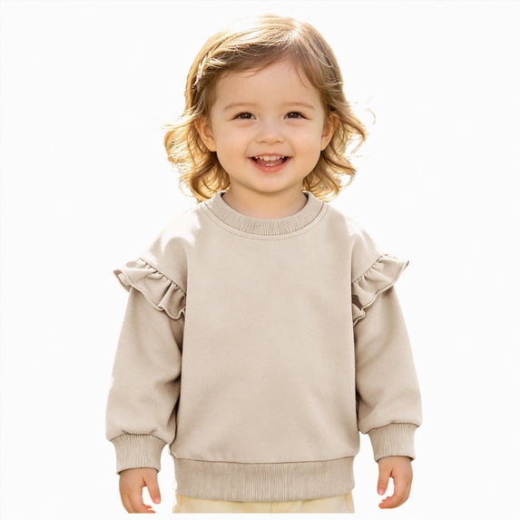 enyan Baby Girls Shirts Cute Ruffle Fly Long Sleeve Crewneck Sweatshirts Pullover Tops for Fall Winter(Beige,3-4 Years)