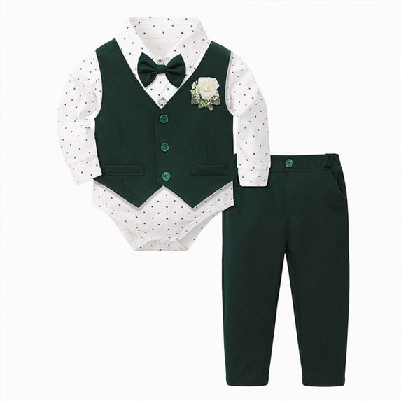 enyan Baby Toddler Boys Gentleman Suit Set, 3pcs Outfits Shirts + Vest + Pants(Green,6-12 Months)