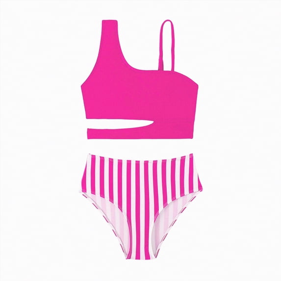 enyan Bathing Suits for Girls Girls Swimsuits Two Piece Bikini Set One Shoulder Cut Out Bathing Suit Quick Dry Beach Girls' Striped Swimwear,Hot Pink,8-9 Years