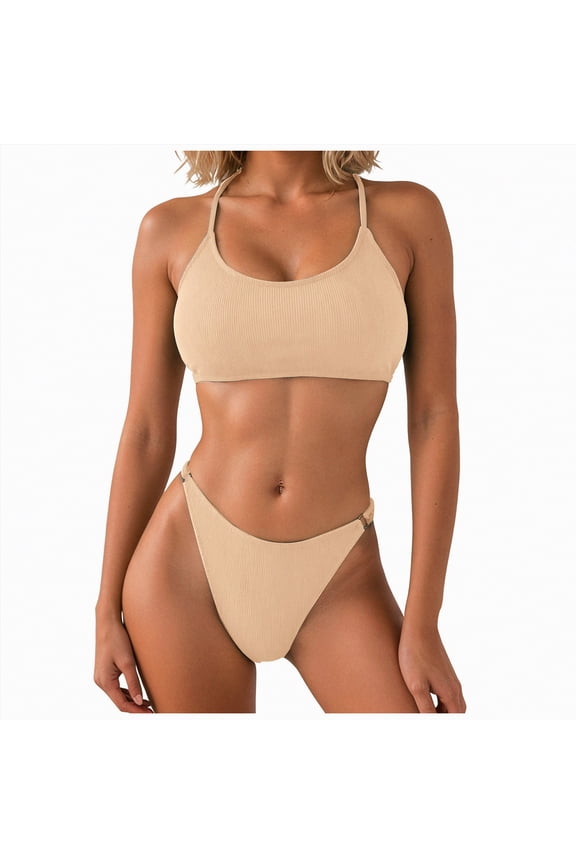 Bathing Suits Women Women 2Pcs Halter Neck Bra Tops Thong Micro Bikini Set Swimwear Beachwear Swimsuit Extreme Lingerie Bathing Suit,Khaki,L