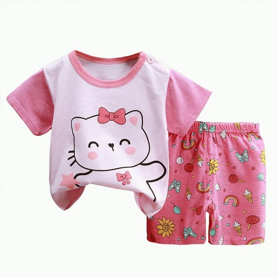 enyan Boy Baby Clothes Summer Favorite Short Sleeve T Shirt and Breathable Linen Shorts 2 Piece Set,Pink,9-18 Months