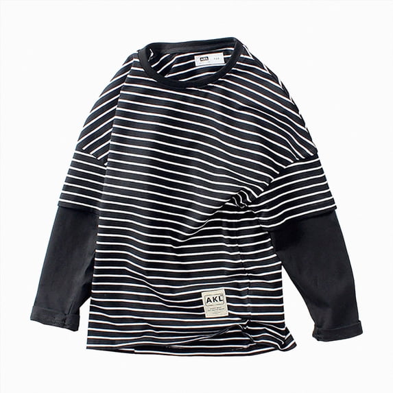 enyan Boy's Sweatshirt Casual Cotton Striped Crewneck Long-Sleeve T-Shirt Basic Pullover Stripe Tee Shirt(Black,8-9 Years)