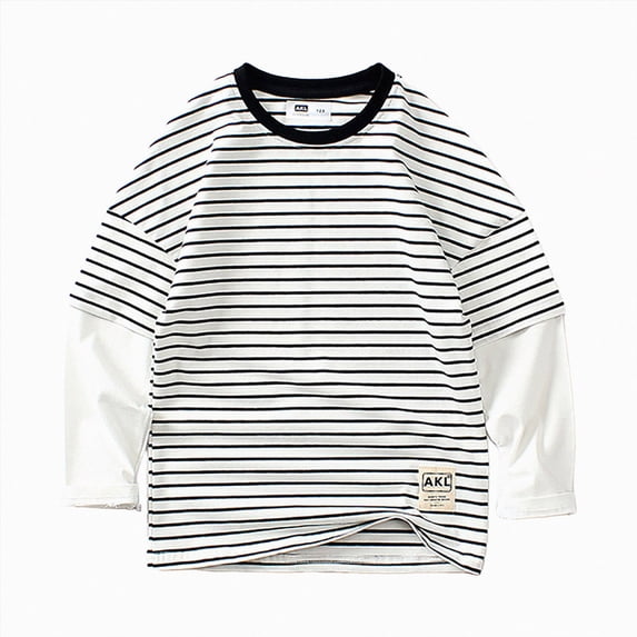 enyan Boy's Sweatshirt Casual Cotton Striped Crewneck Long-Sleeve T-Shirt Basic Pullover Stripe Tee Shirt(White,6-7 Years)