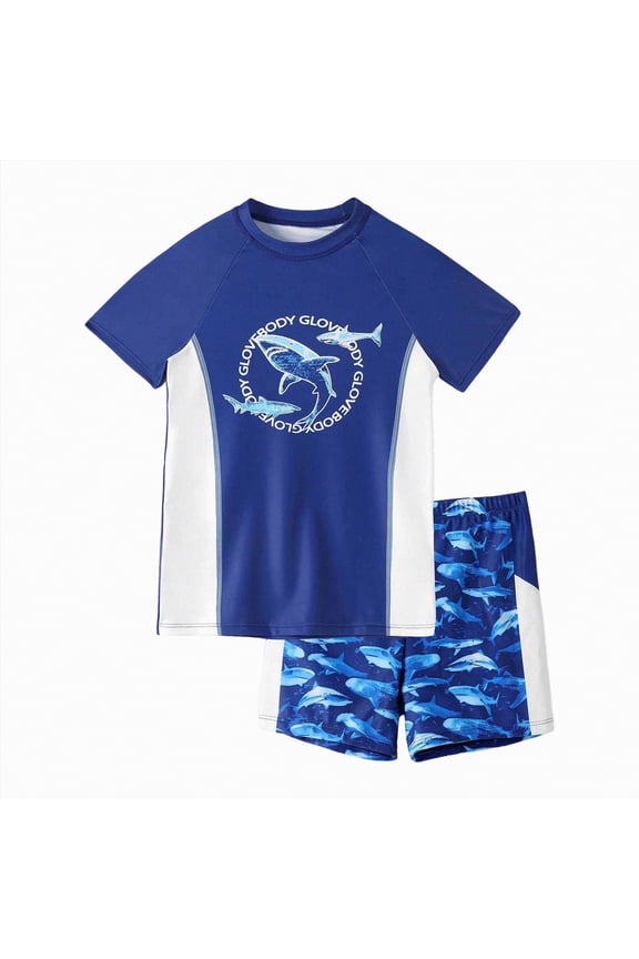 Boys Swim Set - 2 Piece Boys Swim Trunks with Rash Guard Swimsuit Kids Bathing Suits,Blue,7-8 Years
