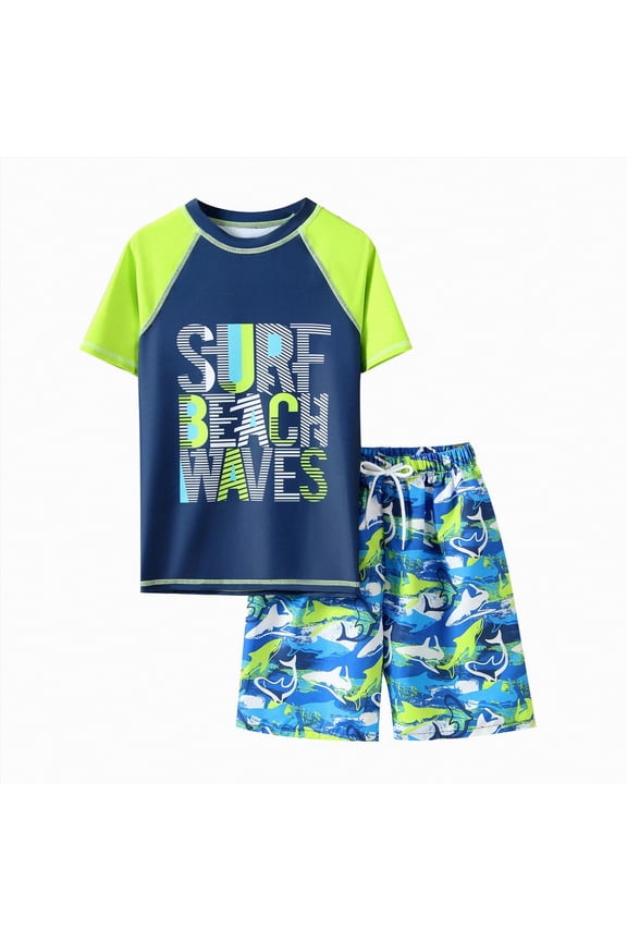 Boys Swim Set - 2 Piece Boys Swim Trunks with Rash Guard Swimsuit Kids Bathing Suits,Green,6-7 Years
