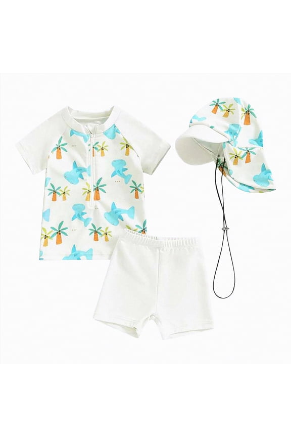 Boys Swim Set Boys' Rash Guard Set - 3 Piece Rash Guard Swim Shirt, Trunks and Bucket Hat - Swimwear for Boys,18-24 Months,White