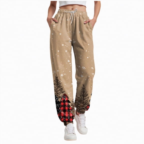 enyan Christmas Bottoms for Women Women's Jogger Track Cuff Sweatpants with Pockets for Yoga, Workout Khaki,S