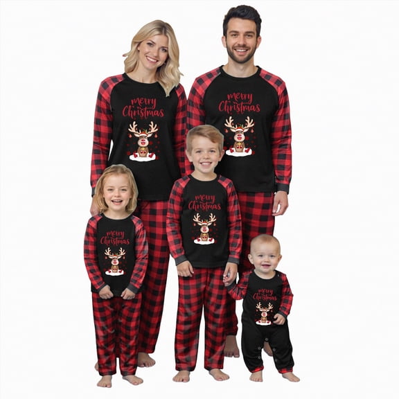 enyan Christmas Matching Pajamas Long Sleeve Xmas Tree Print Tops Plaid Pants Set for Adult, Kid, Baby