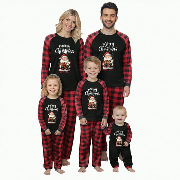 enyan Christmas Pajamas Matching for Family Cartoon Santa Print Long-Sleeve Tops with Pants Sleepwear Set for Couples Kids Baby