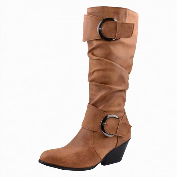 enyan Cowboy Boots for Women Women's Mid Calf Boot,Round Toe Low Heel Comfort Slouchy Bootie with Side Zipper Yellow,Size 6.5