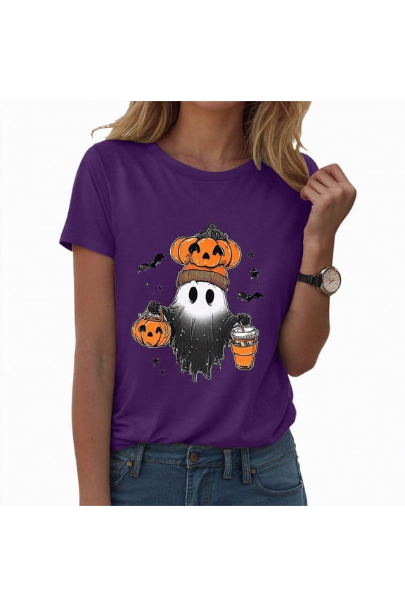 Crew Neck Shirt Funny Family Party Celebration Short Sleeve Tee Pumpkin Graphic Cute Ghost Tops Halloween Women'sT-Shirts Purple,S