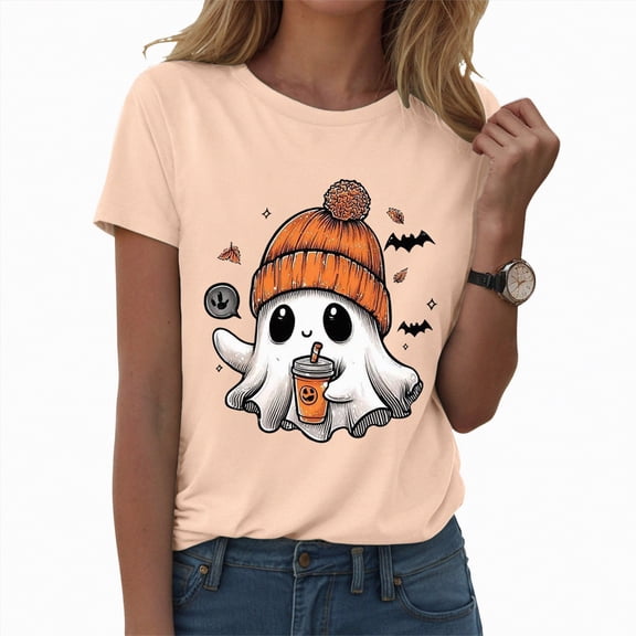 enyan Cute Ghost Fall Pumpkin T-Shirt Lover Graphic Tees Casual Short Sleeve Tops Cute Halloween Outfits for Women Light Yellow,XXL