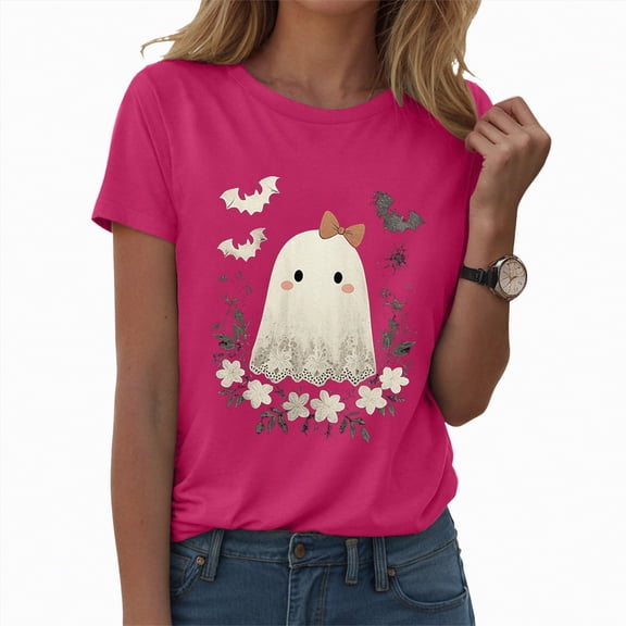 enyan Cute Ghost Fall Pumpkin T-Shirt Lover Graphic Tees Casual Short Sleeve Tops Ghost Face Shirt Hot Pink,XXL