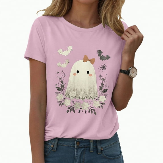 enyan Cute Ghost Graphic Tees Halloween Shirts for Women 2025 Cute Ghost Shirt Fall Pumpkin Tshirt Crew Neck Graphic Tees Casual Short Sleeve Tops Pink,XL