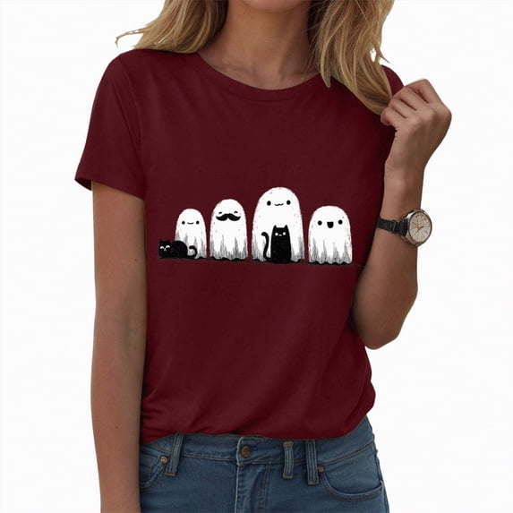 enyan Cute Ghost Pumpkin Graphic Shirt Fall Tshirt Graphic Tees casual Short Sleeve Tops Ladies Halloween Tshirts Short Sleeve Wine,M
