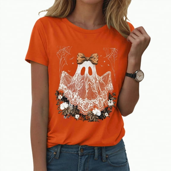enyan Cute Spooky Season Fall Graphic Funny Tees Ghost Print T-Shirt Tops Women Halloween Shirt Orange,L
