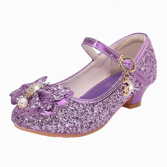 enyan Flower Girls Mary Jane Bridesmaids Dress Shoes Toddler Kids Wedding Party Sparkle High Heel Princess Shoes Glitter Flat Shoes Black Dress Shoes For Girls,Purple,Size 1