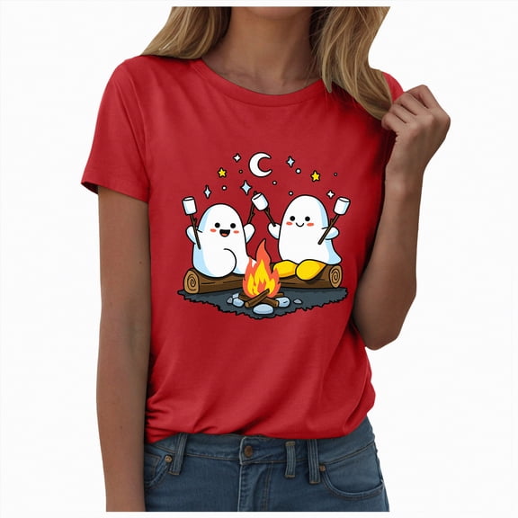 enyan Funny Halloween Shirts Woman Women Shirt Halloween Basic Tee Graphic Pumpkin Cute Ghost Graphic Tops Top Red,XXXL