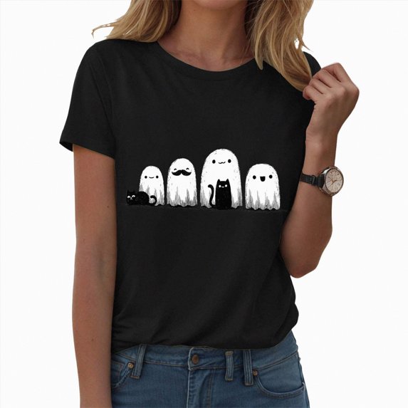 enyan Funny Halloween Women Shirt Oversize T-Shirt for Women Cute Spooky Graphic Shirt Spooky Season Ghost Tee Tops Black,XL