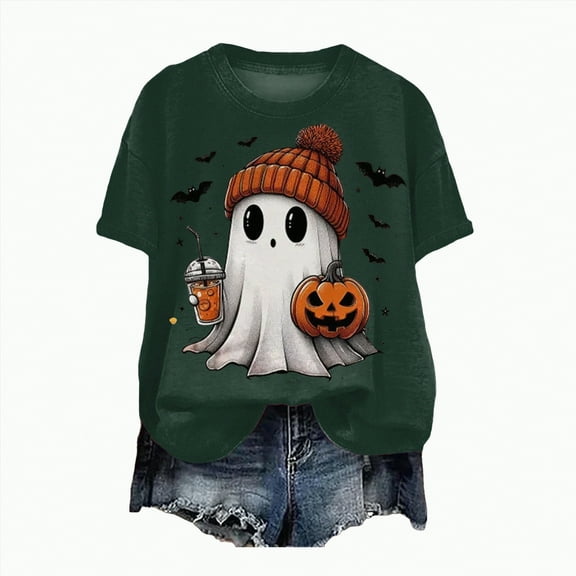 enyan Funny Halloween Women'sShirts Ghost Printed Funny Crewneck Short Sleeve Top Pumpkin Graphic T-Shirtfor Autumn Party Dark Green,S