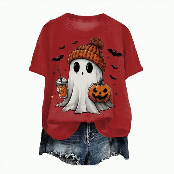 enyan Funny Halloween Women'sTee Shirts Printing Crew Neck Shirt Funny Family Party Celebration Short Sleeve Tee Cute Ghost Pumpkin Graphic Graphic Tops Red,M