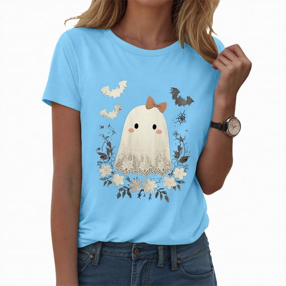 enyan Ghost Printed Funny Crewneck Short Sleeve Top Pumpkin Graphic T-Shirtfor Autumn Party Funny Halloween Women'sShirts Sky Blue,XXL