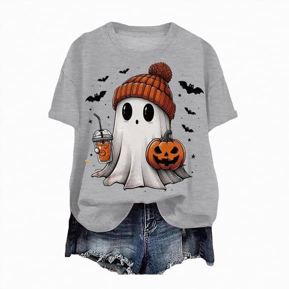 enyan Ghost Printed Funny Crewneck Short Sleeve Top Pumpkin Graphic T-Shirtfor Autumn Party Women Halloween Shirt Grey,XL